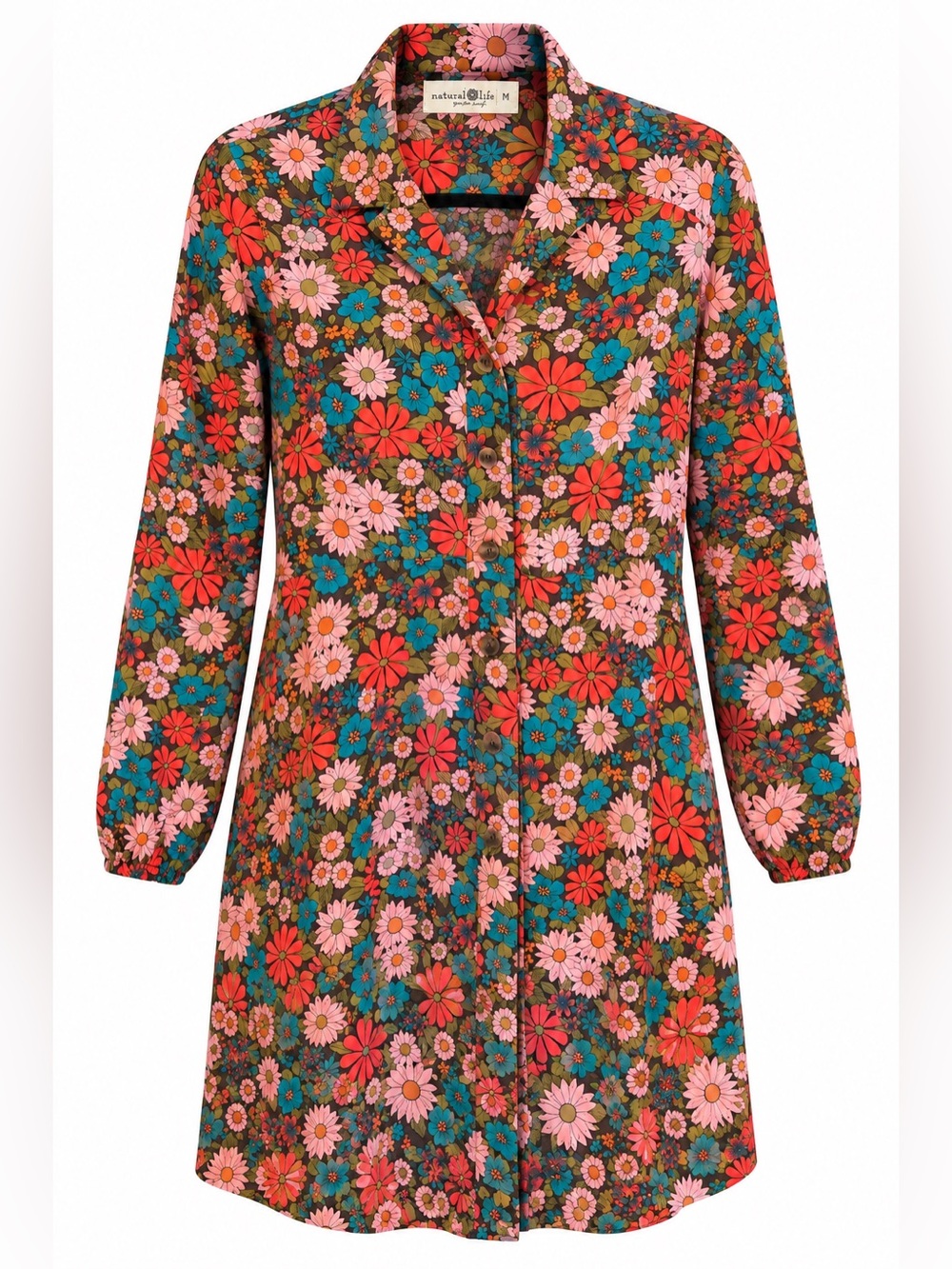 Natural Life Button Down Colorful Brown Floral Tunic Boho size Medium